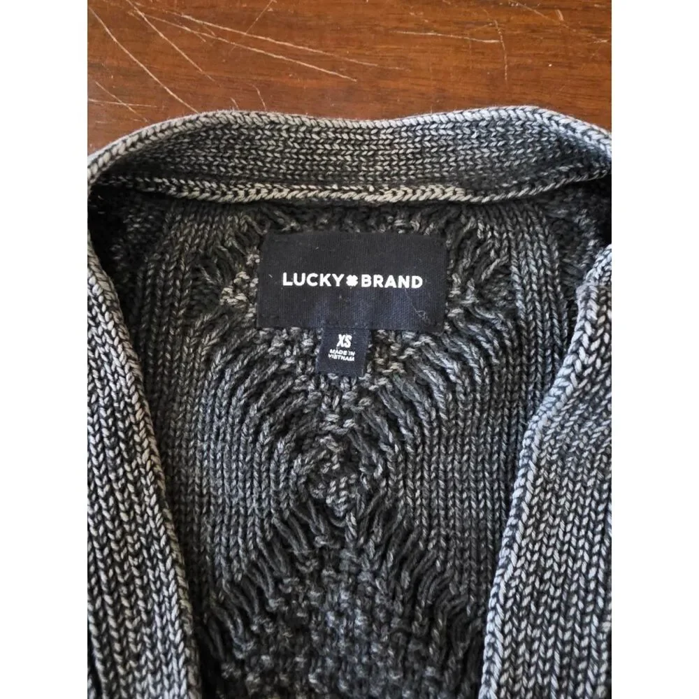 XS Lucky Brand cardigan is a charcoal cable knit button-up featuring a heavy aci